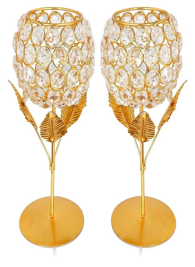 obbi Beautiful Crystals Rose Gold Polish Candle Holder for Decoration Set of Two 9 inches (Big Size), Metal - Image 1